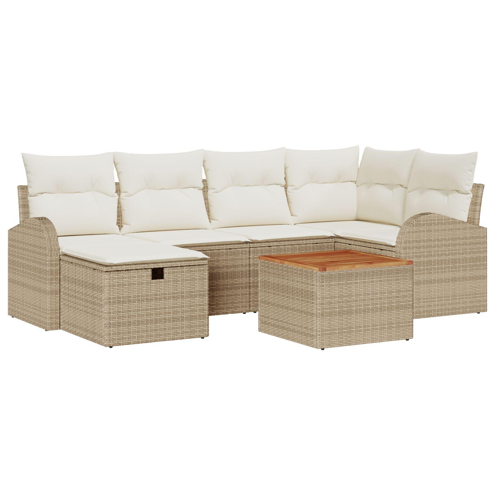 7 Pieces Have Sofa Sæt med Puder Beige Poly Rattan,  2-personers Have Sofa med Opbevaring & Puder Beige Poly Rattan
