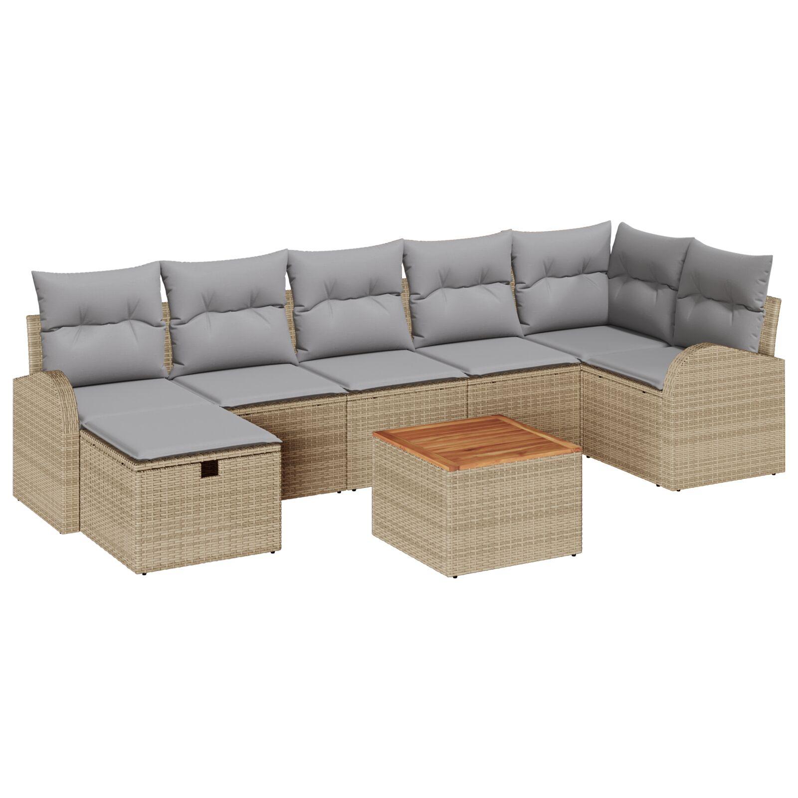 8 Delte Have Sofa Sæt med Puder Beige Poly Rattan, 2-sæders Have Sofa med Opbevaring & Puder Beige Poly Rattan