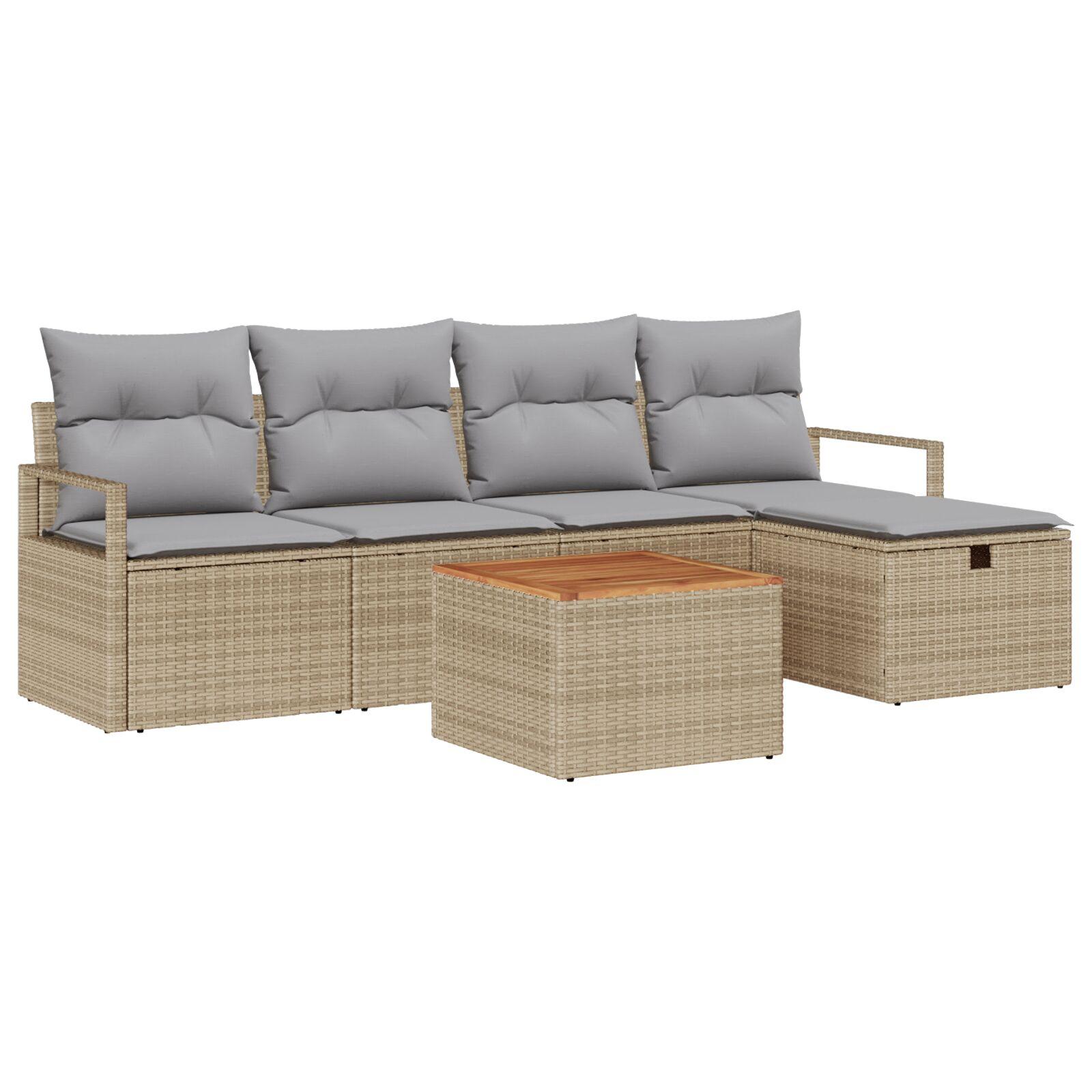 6 Stk Havesofa Sæt med Puder Beige Poly Rattan,  2-Sæde Havesofa med Opbevaring & Puder Beige Poly Rattan