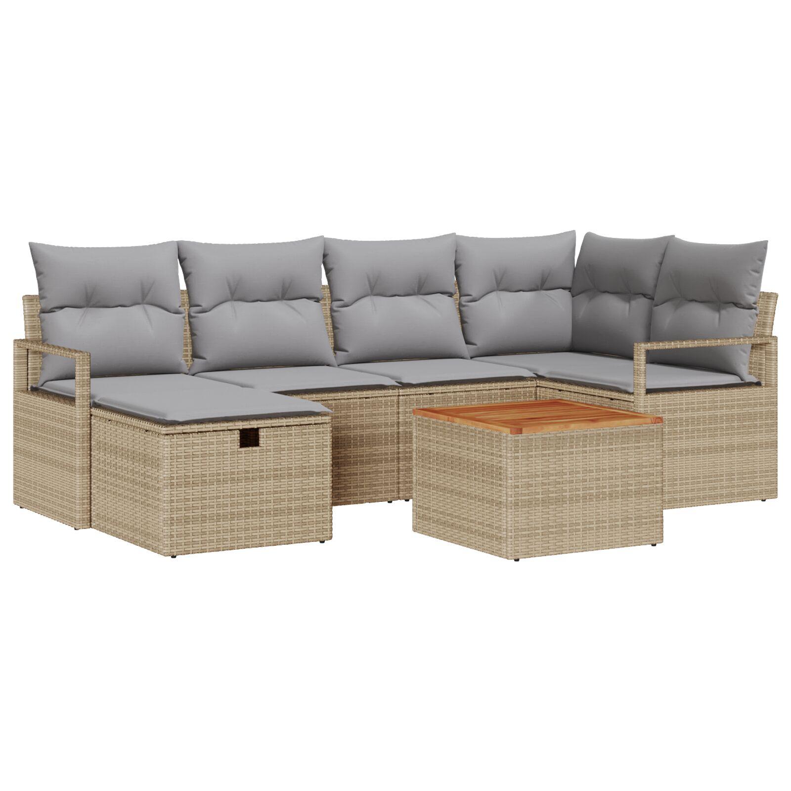 7-delt have sofa sæt med puder beige poly rattan,  2-personers have sofa med opbevaring og puder beige poly rattan