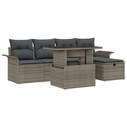 6 Delt Have Sofa Sæt med Puder Grå Polyrattan, 2-Sæders Have Sofa med Opbevaring & Puder Grå Polyrattan