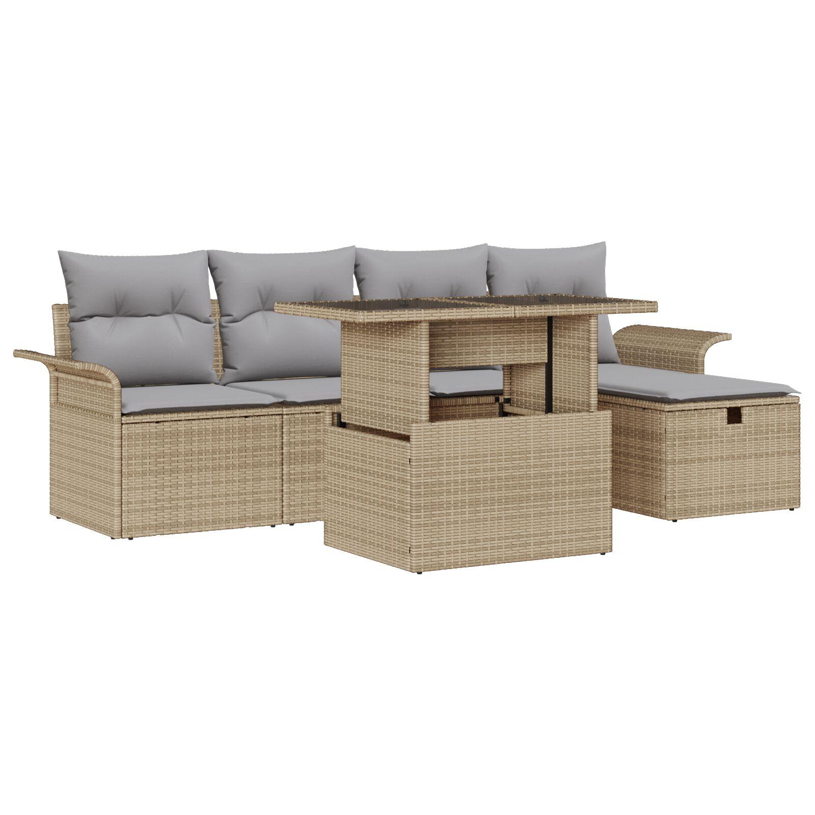 Havesofa sæt 6 stk. i beige polyrattan med højdejusterbart bord
