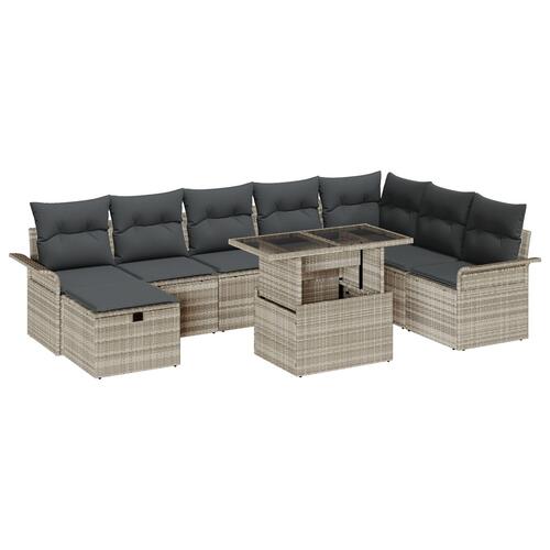 9 Stykker Have Sofa Sæt med Puder Lysegrå Poly Rattan, 2-sæders Have Sofa med Opbevaring & Puder Lysegrå Poly Rattan