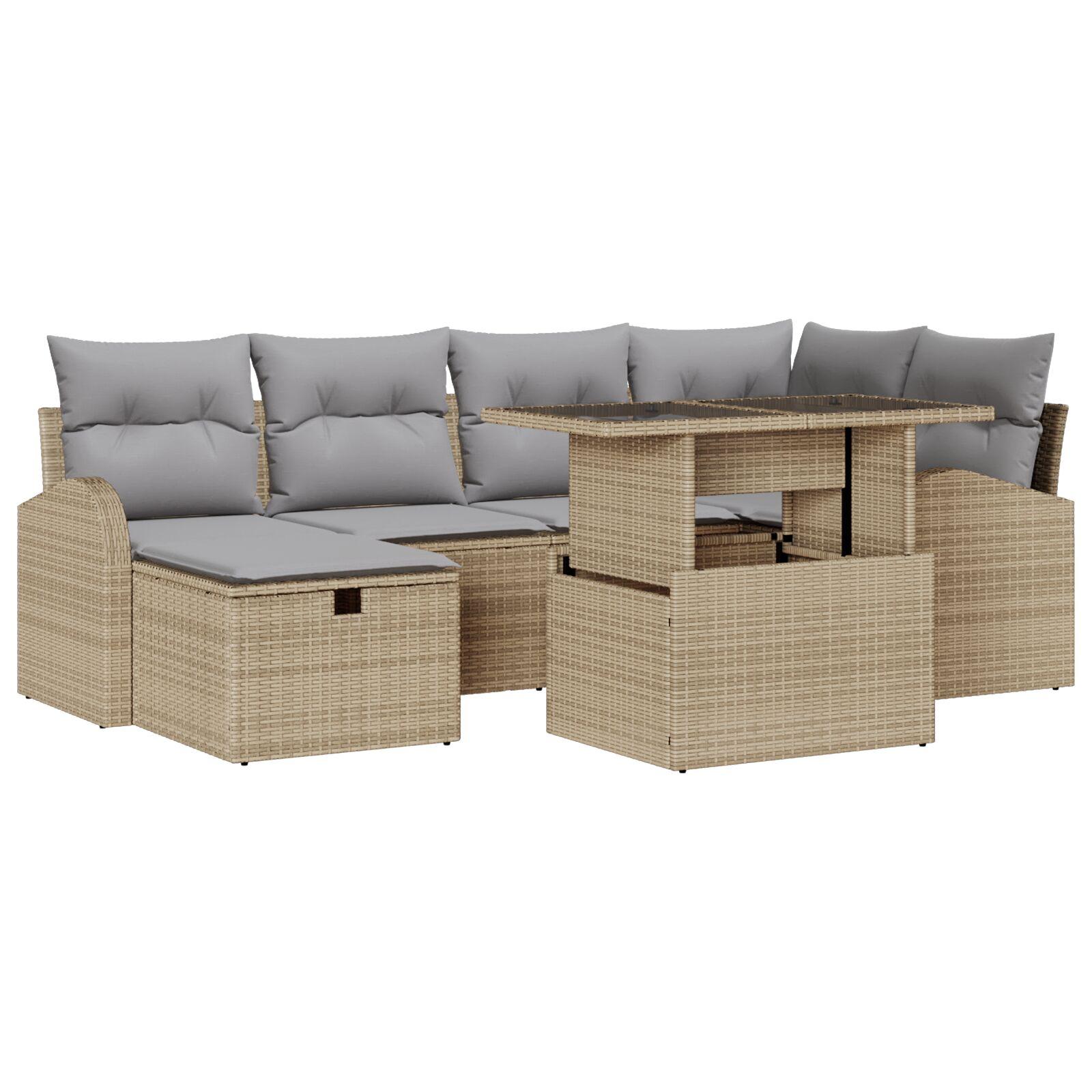 7 delers have sofa sæt med puder Beige Polyrattan,  2-personers have sofa med opbevaring & puder Beige Polyrattan