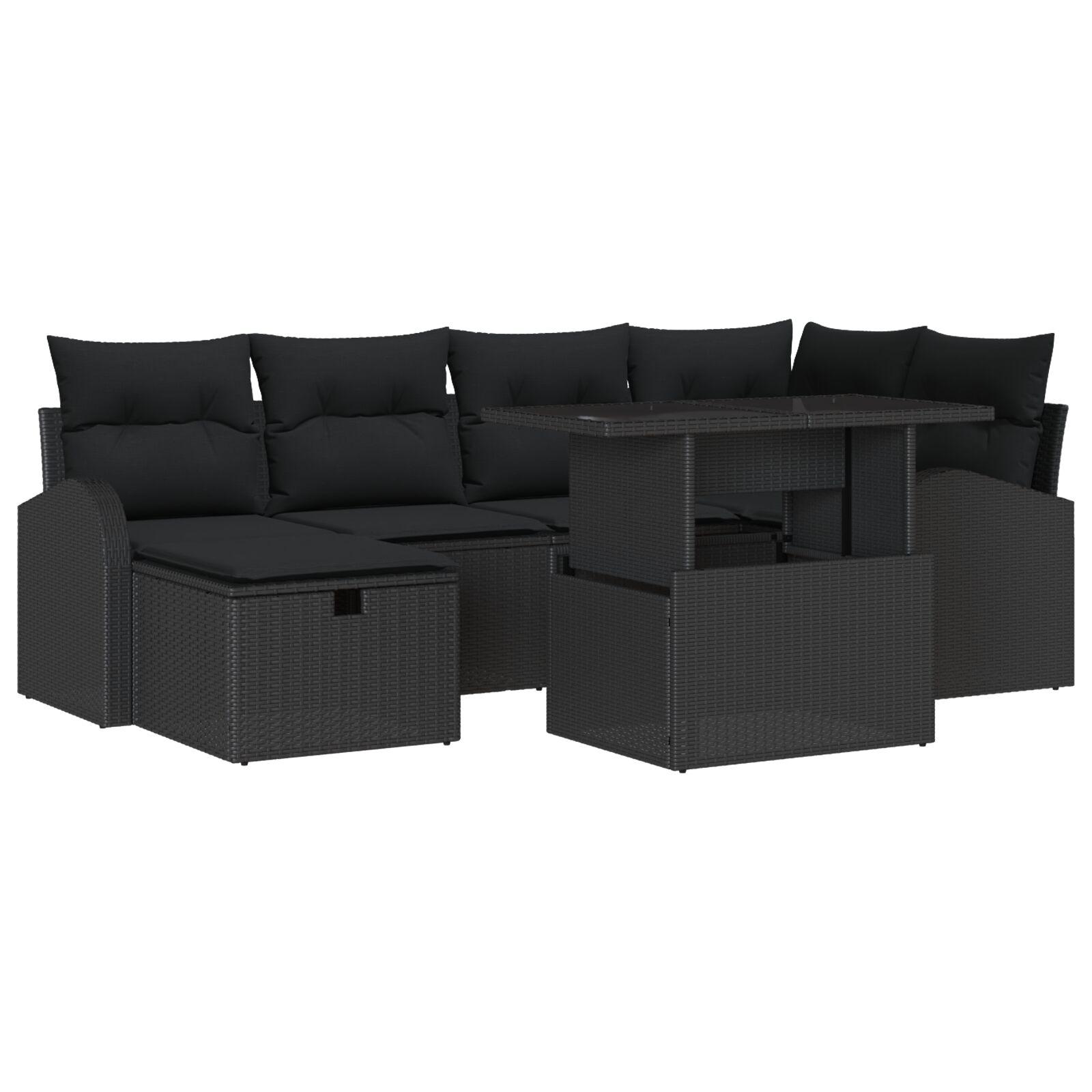 Havesofa-sæt i polyrattan med opbevaring, 7 dele - sort