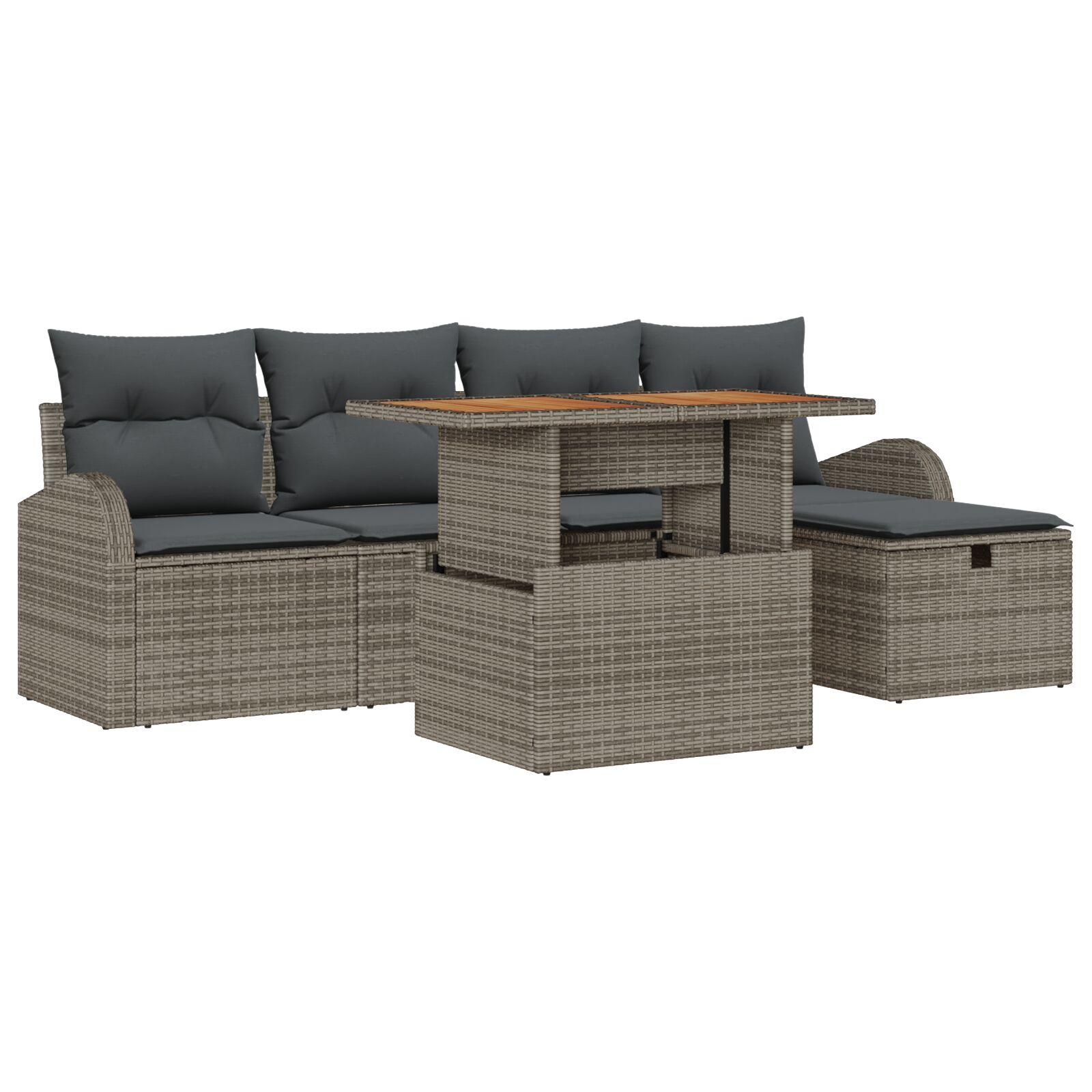 6 Stykke Have Sofa Sæt med Puder Grå Poly Rattan, 2-Sæders Have Sofa med Opbevaring&Puder Grå Poly Rattan