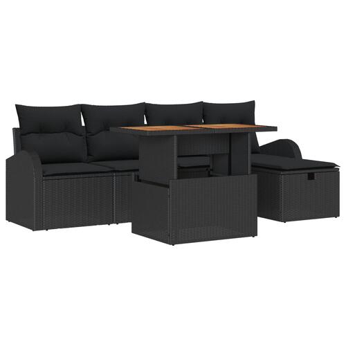 6-delt Havesofasæt med puder Sort Polyrattan, 2-personers Havesofa med opbevaring og puder Sort Polyrattan