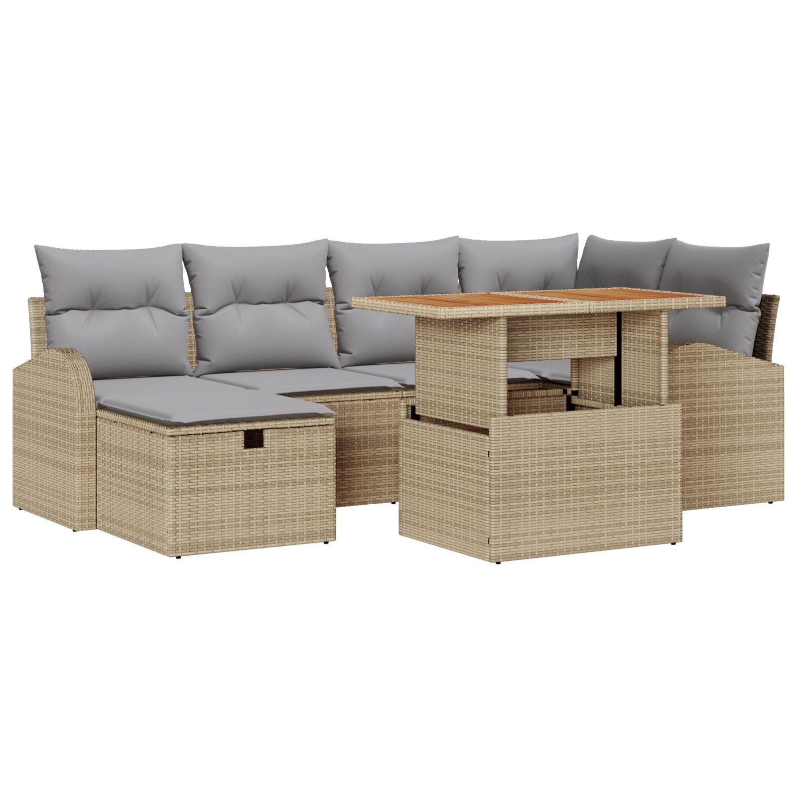 7 Deles Have Sofa Sæt med Puder Beige Poly Rattan,  2-personers Have Sofa med Opbevaring & Puder Beige Poly Rattan