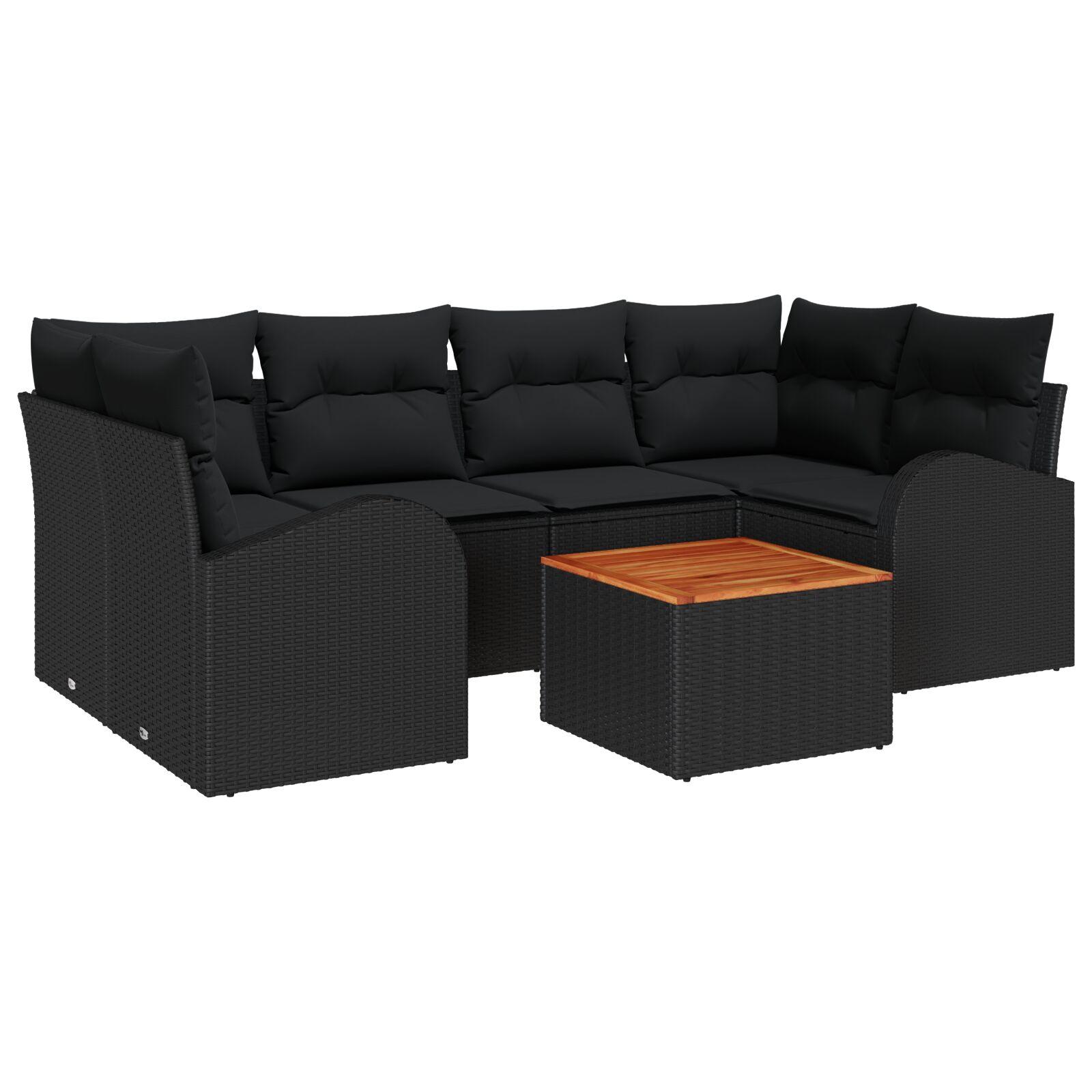 7 Delers Have Sofa Sæt med Puder Sort Poly Rattan Akacia,  2-Personers Have Sofa med Opbevaring & Puder Sort Poly Rattan