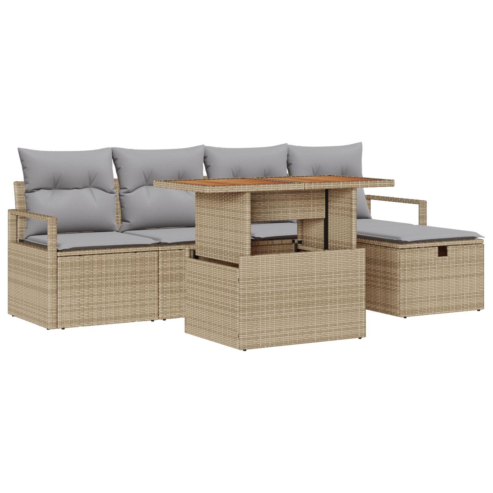 6 Stk Have Sofa Sæt med Puder Beige Poly Rattan,  2-personers Have Sofa med Opbevaring & Puder Beige Poly Rattan