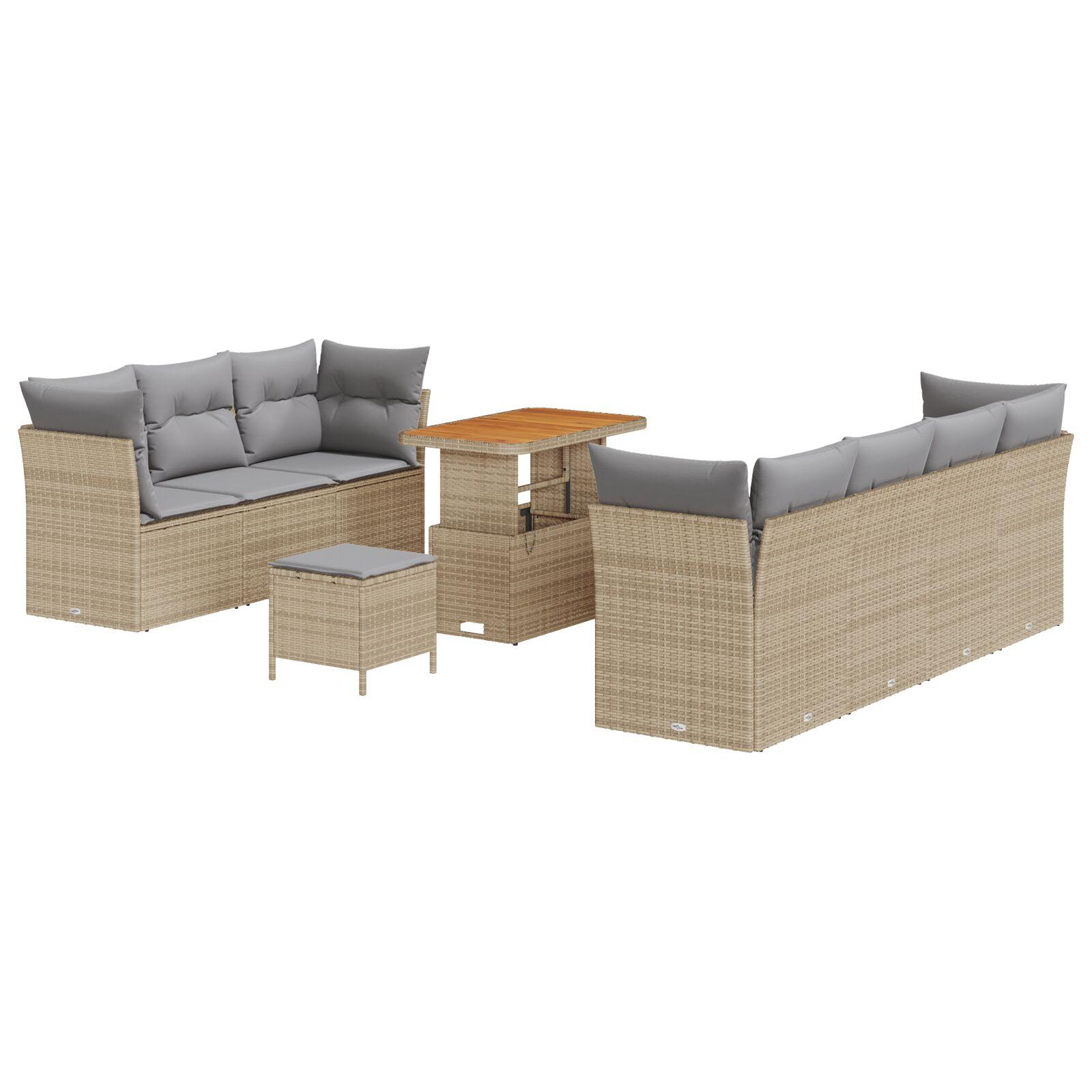 10 Stykker Have Sofa Sæt med Puder Beige Poly Rattan Akacia,  3 Stykker Have Spisesæt med Puder Beige Poly Rattan Akacia