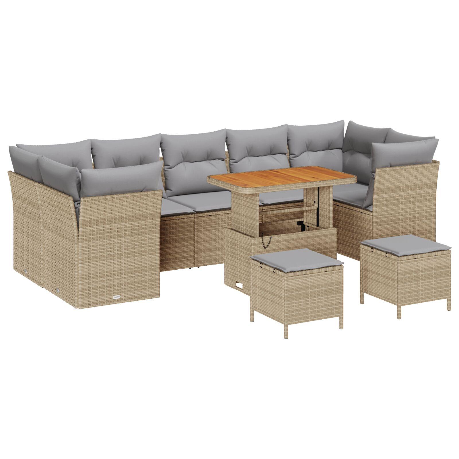 10 stykker have sofa sæt med puder beige poly rattan akacia,  3 stykker have spise sæt med puder beige poly rattan akacia