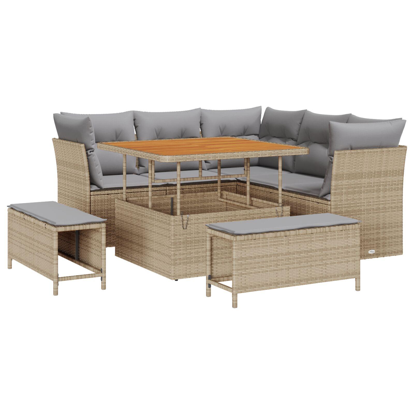 8 dele Have Sofa Sæt med Hynder Beige Poly Rattan Akacietræ,  3 dele Have Spise Sæt med Hynder Beige Poly Rattan Akacietræ