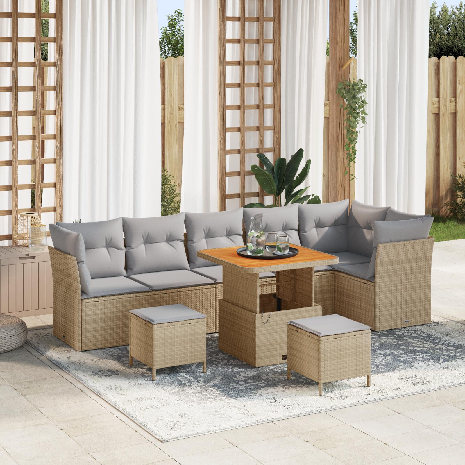 9 Stykker Havesofa Sæt med Hynder Beige Poly Rattan Akacia,  3 Stykker Havedining Sæt med Hynder Beige Poly Rattan Akacia