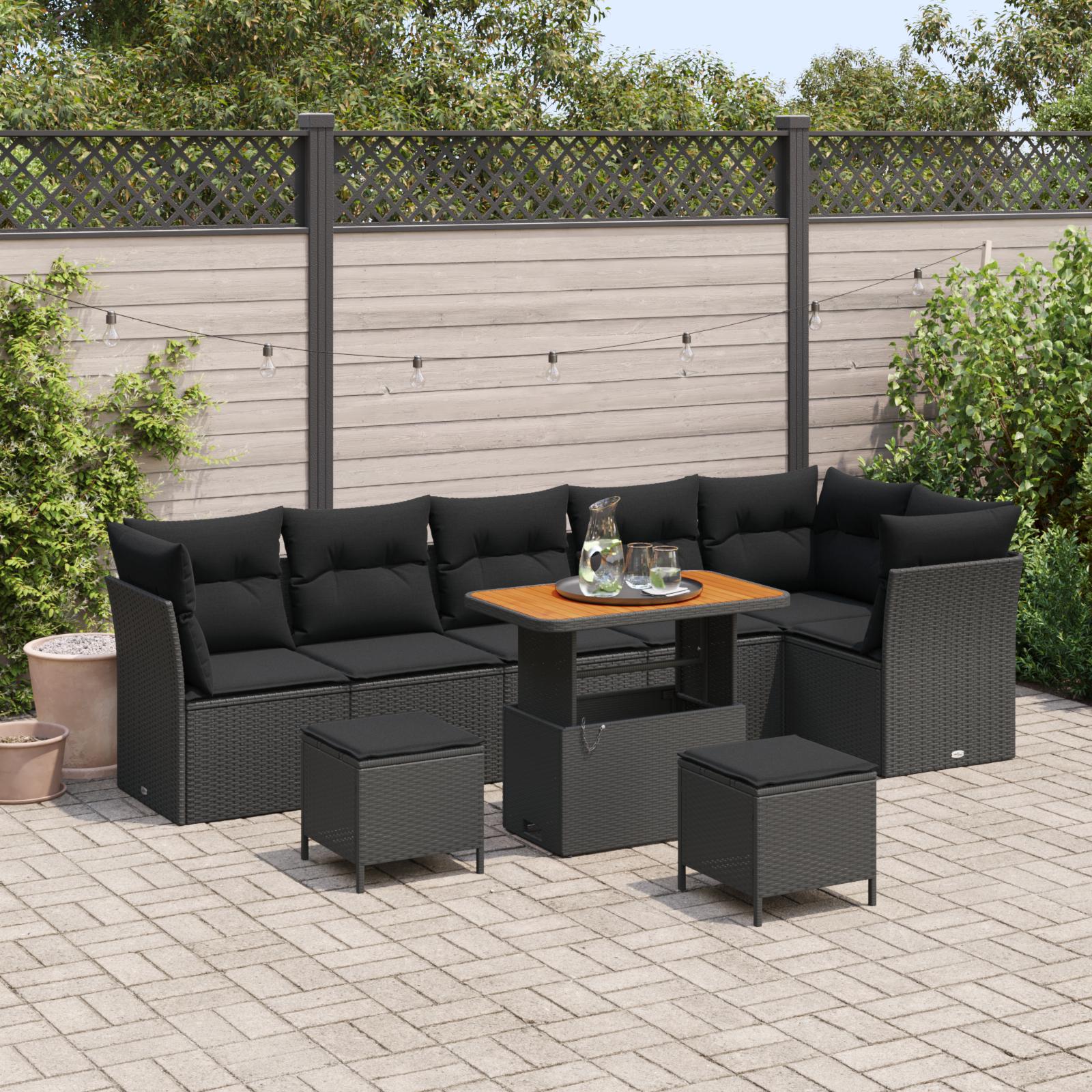 9 Piece Have Sofa Sæt med Puder Sort Poly Rattan Akacia,  3 Piece Have Spisesæt med Puder Sort Poly Rattan Akacia