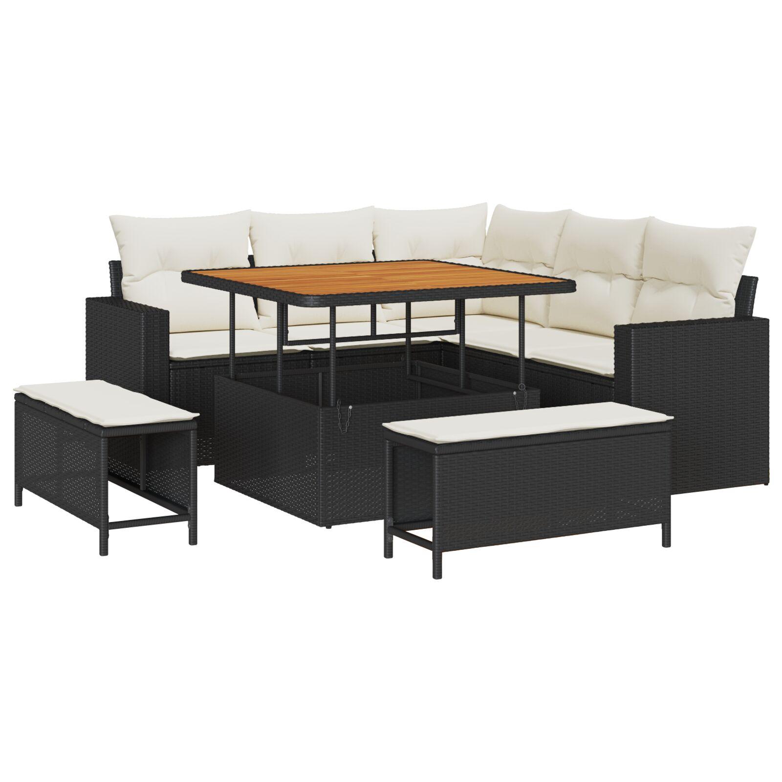 8 Styks Have Sofa Sæt med Puder Sort Poly Rattan Akacietræ,  3 Styks Have Spisesæt med Puder Sort Poly Rattan Akacietræ