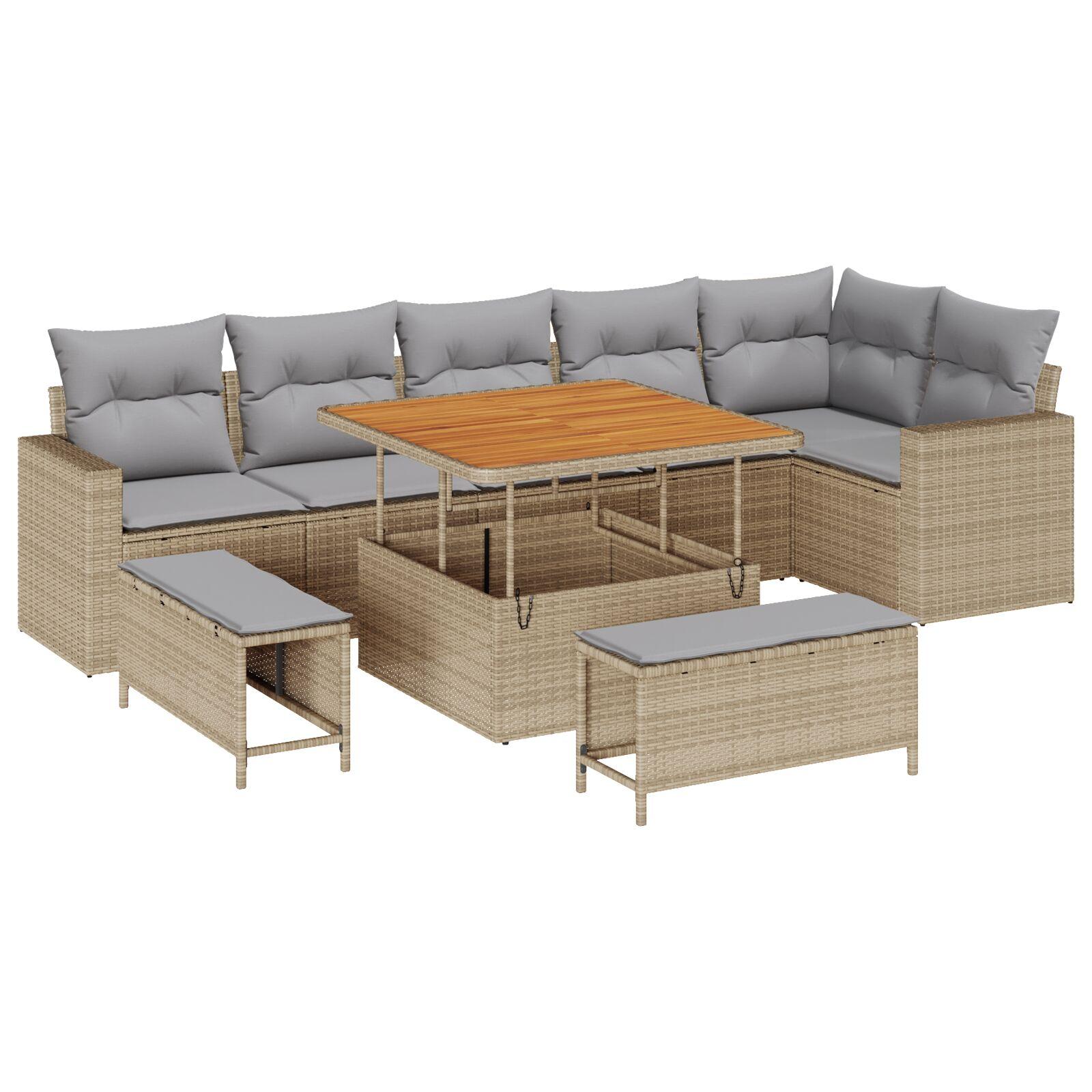 9 Stykke Have Sofa Sæt med Puder Beige Poly Rattan Acacia,  3 Stykke Have Spise Sæt med Puder Beige Poly Rattan Acacia