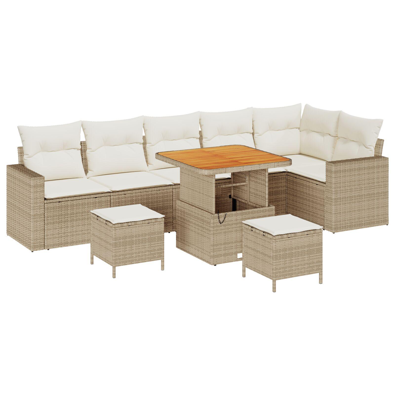9 Stk Have Sofa Sæt med Puder Beige Poly Rattan Acacia,  3 Stk Have Spisesæt med Puder Beige Poly Rattan Acacia
