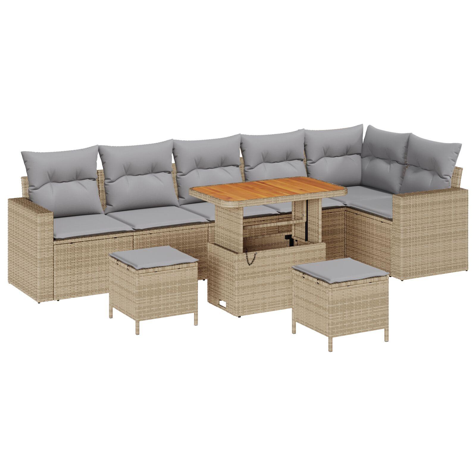 9 Stykke Have Sofa Sæt med Puder Beige Poly Rattan Akacie,  3 Stykke Have Dining Sæt med Puder Beige Poly Rattan Akacie