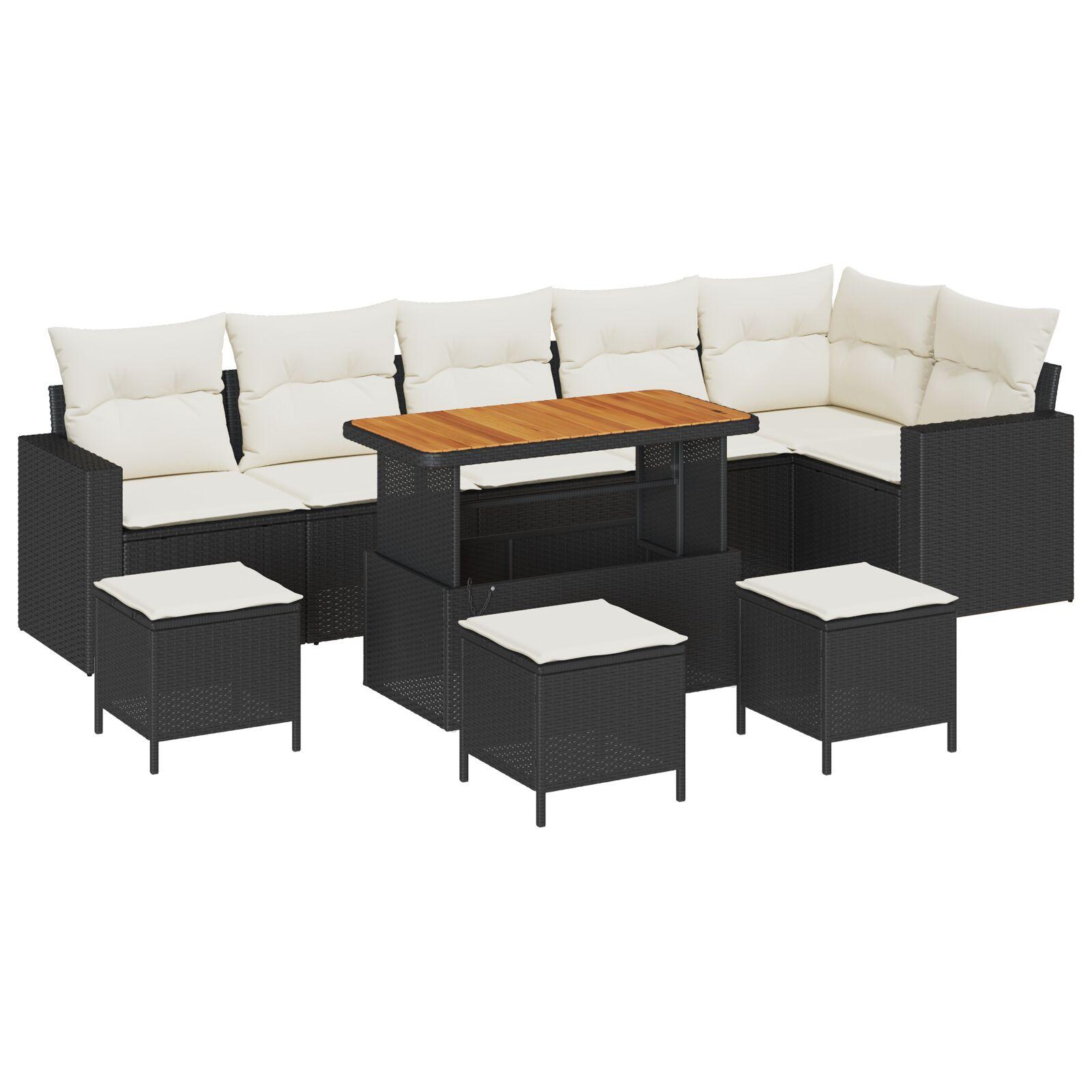 10 Stykker Have Sofa Sæt med Hynder Sort Poly Rattan Akacia,  4 Stykker Have Spisesæt med Hynder Sort Poly Rattan Akacia