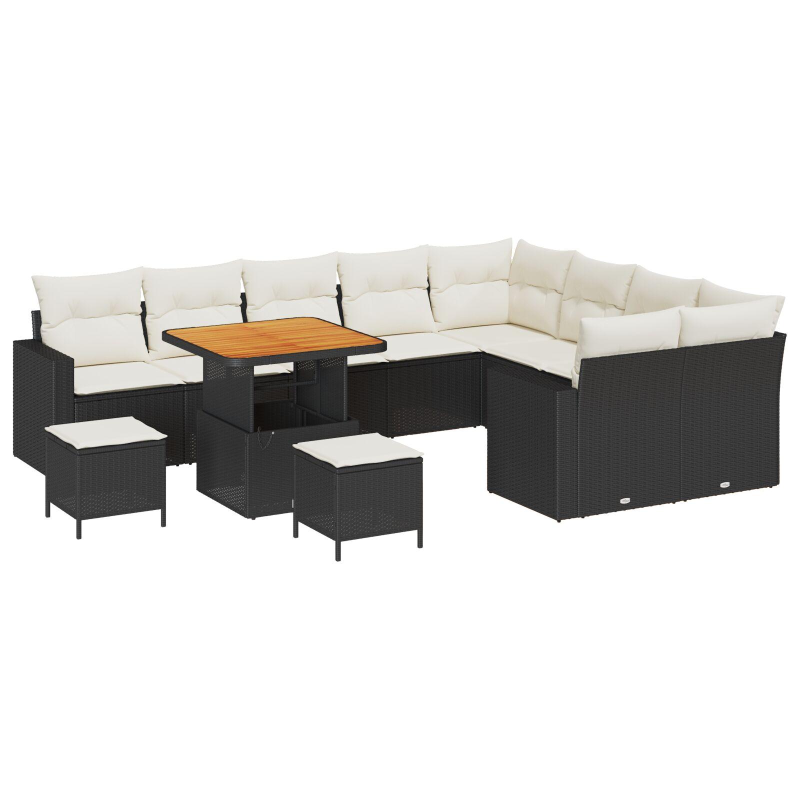 12 Piece Have Sofa Sæt med Puder Sort Poly Rattan Akacie,  3 Piece Have Spise Sæt med Puder Sort Poly Rattan Akacie