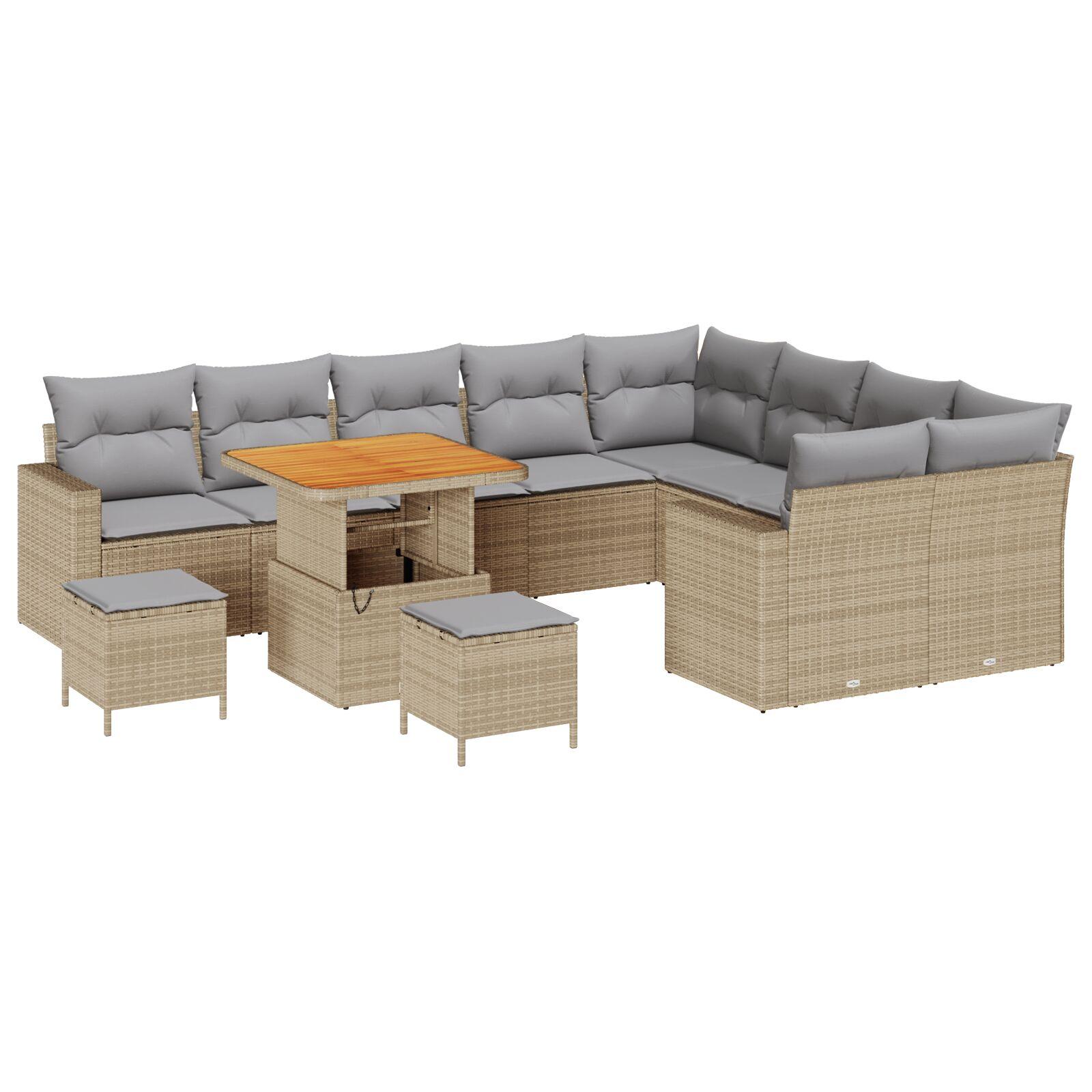 12 Stykker Have Sofa Sæt med Puder Beige Poly Rattan Akacia,  3 Stykker Have Spise Sæt med Puder Beige Poly Rattan Akacia