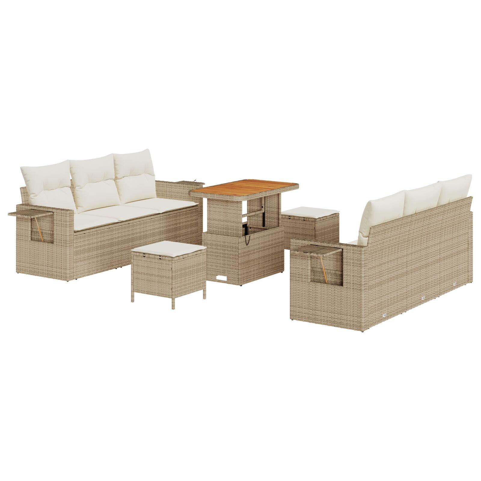 9 Stykker Have Sofa Sæt med Puder Beige Poly Rattan Akacia,  3 Stykke Have Spisesæt med Puder Beige Poly Rattan Akacia
