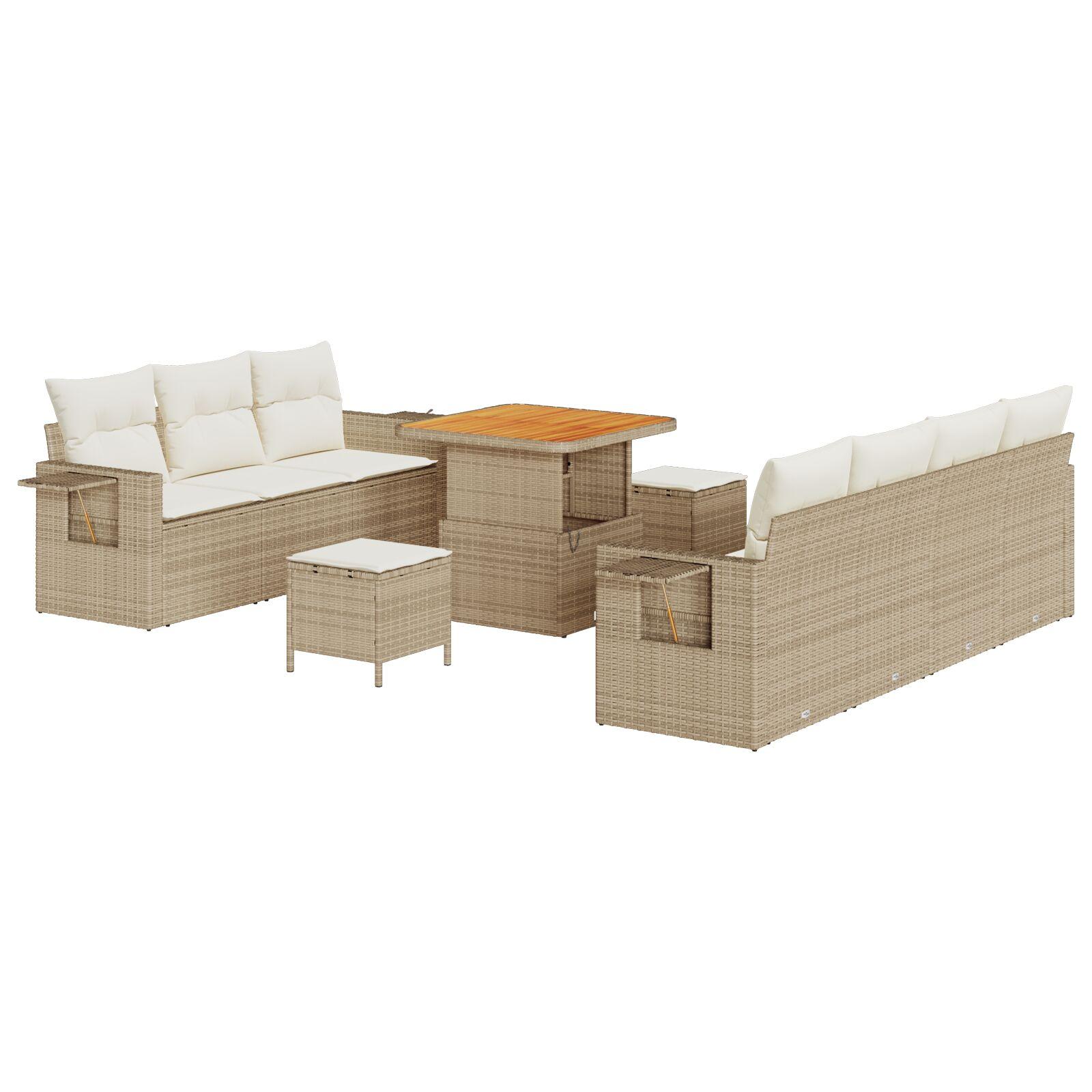 10 Stykker Havesofa Sæt med Puder Beige Poly Rattan Akacia,  3 Stykker Havedining Sæt med Puder Beige Poly Rattan Akacia