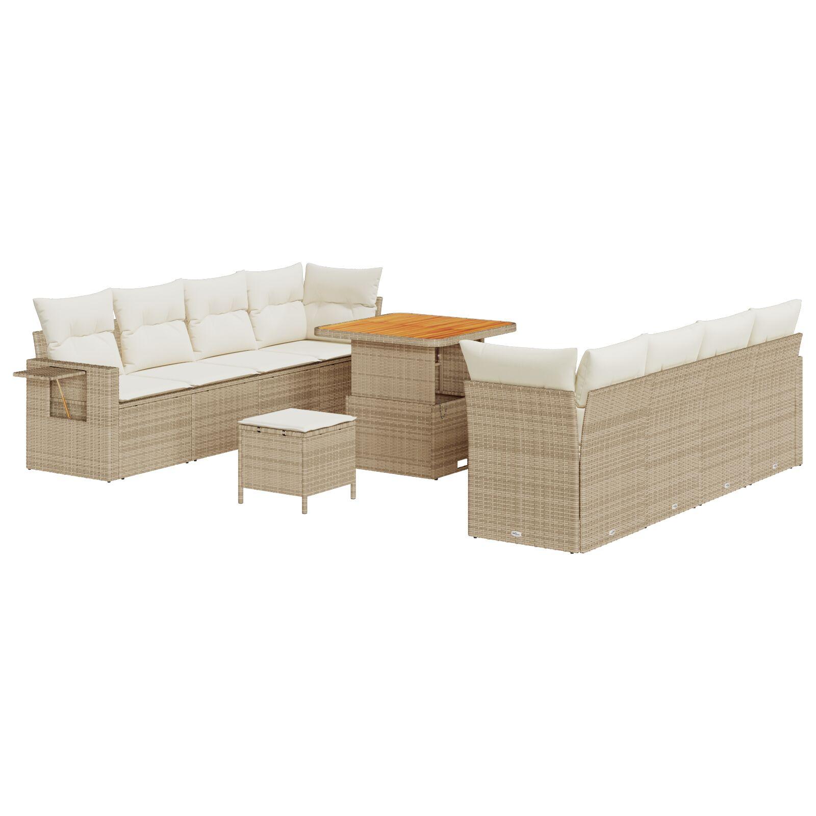 11 Deles Have Sofa Sæt med Puder Beige Poly Rattan Akacie,  3 Deles Have Spisestel med Puder Beige Poly Rattan Akacie