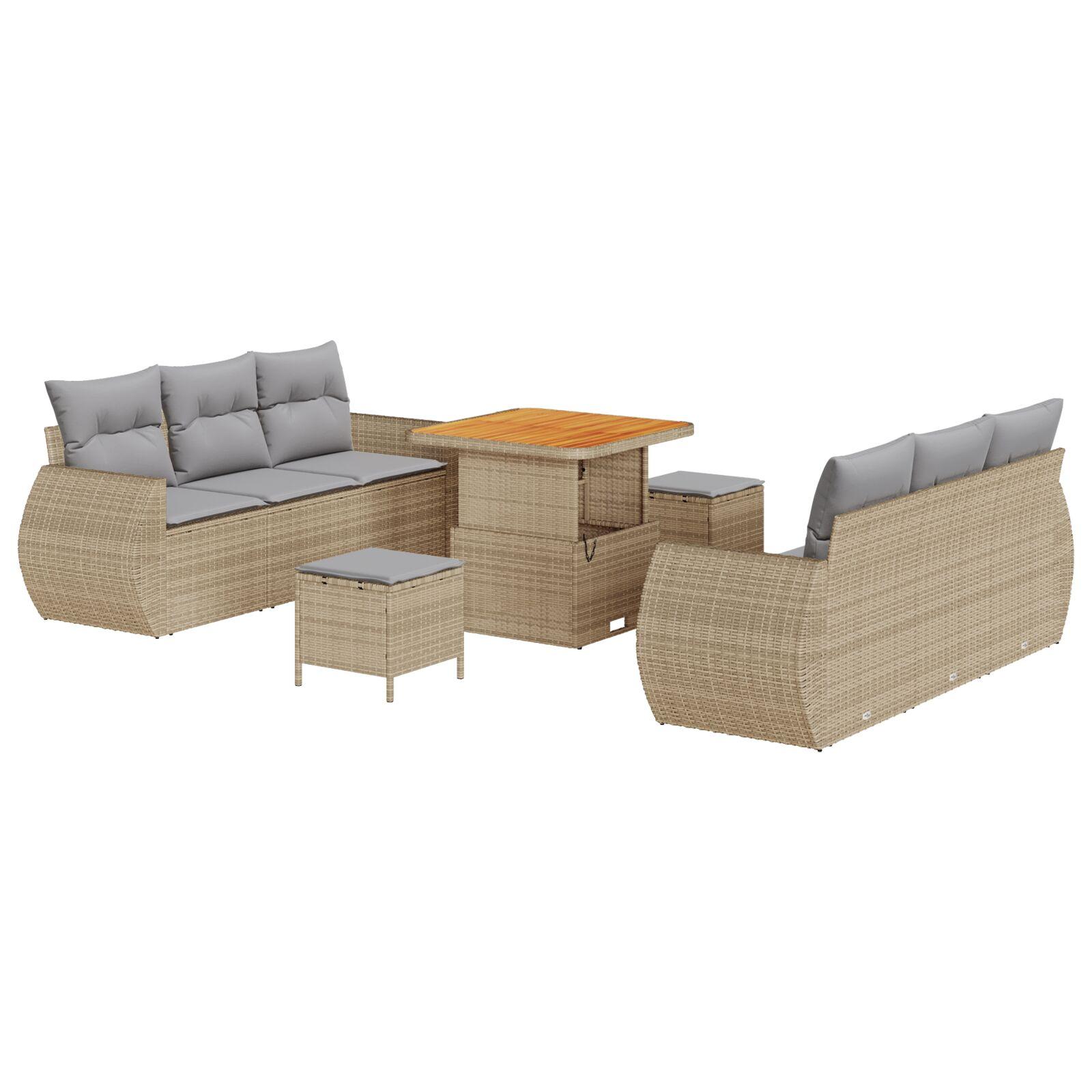 9 Stykke Have Sofa Sæt med Puder Beige Poly Rattan Akacia,  3 Stykke Have Dining Sæt med Puder Beige Poly Rattan Akacia