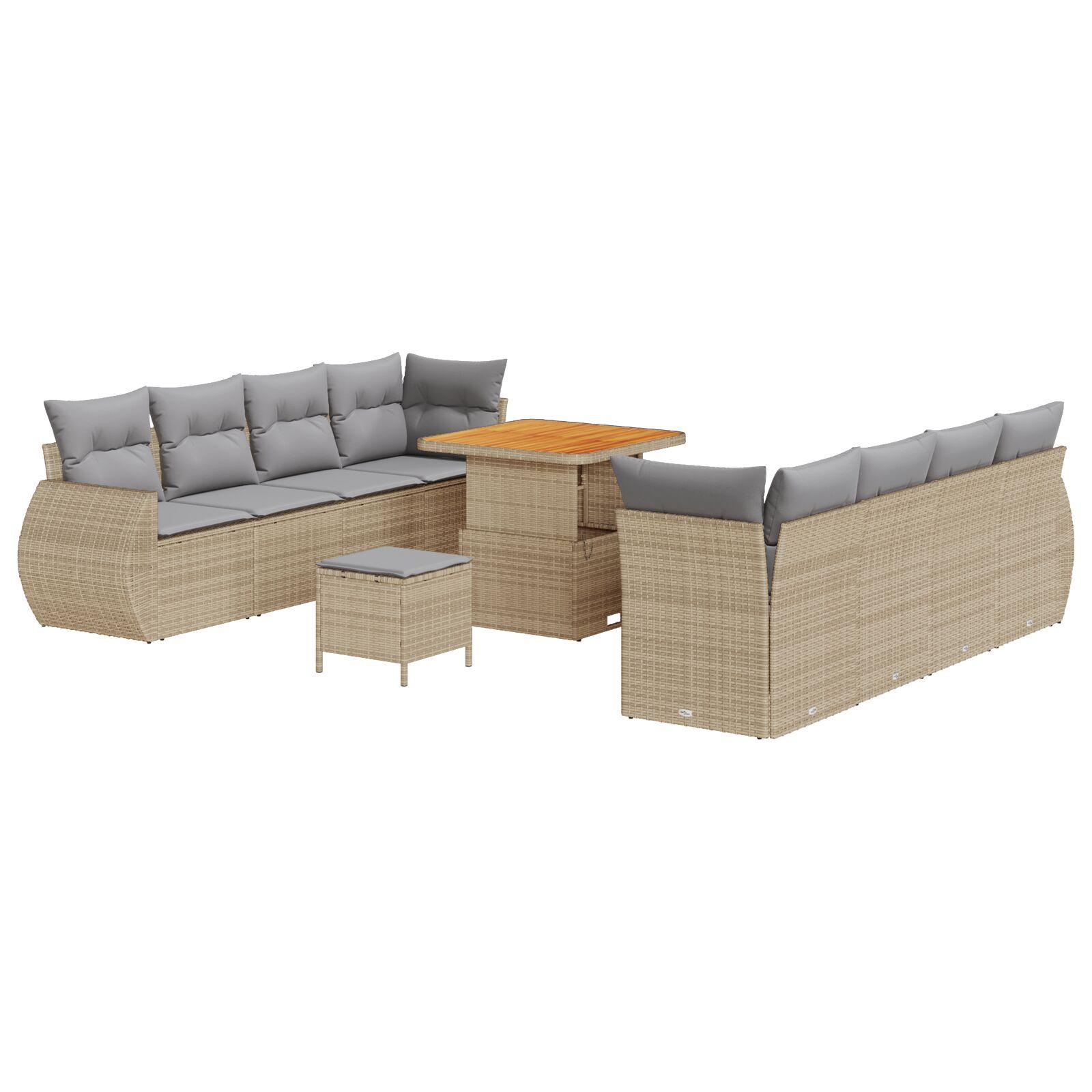 11-delt have sofa sæt med puder beige poly rattan akacie,  3-delt have spise sæt med puder beige poly rattan akacie