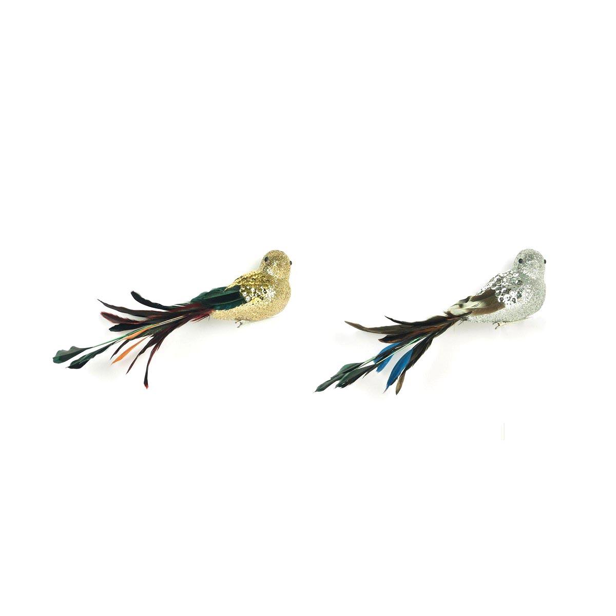 Julefugle med pailletter - 2 stk., gylden/sølv, 26 x 5 x 7 cm