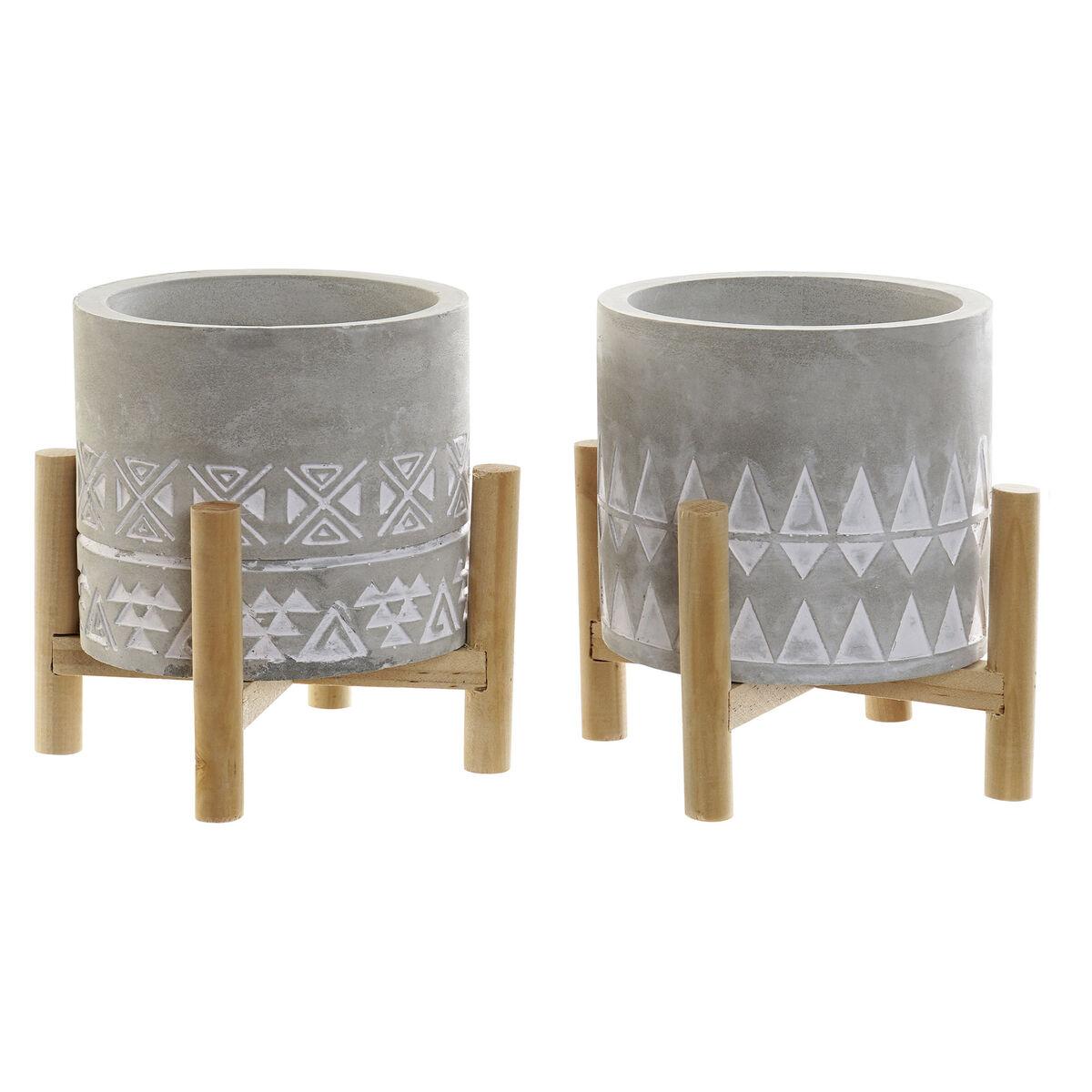 Stearinlys i cement med træstander - grå/brun, 2 stk. (10 × 10 × 12 cm)