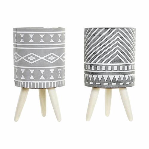 Urtepotte DKD Home Decor Grå Cement Hvid Fyrretræ Boho (14,3 x 14,3 x 26,2 cm) (2 enheder)
