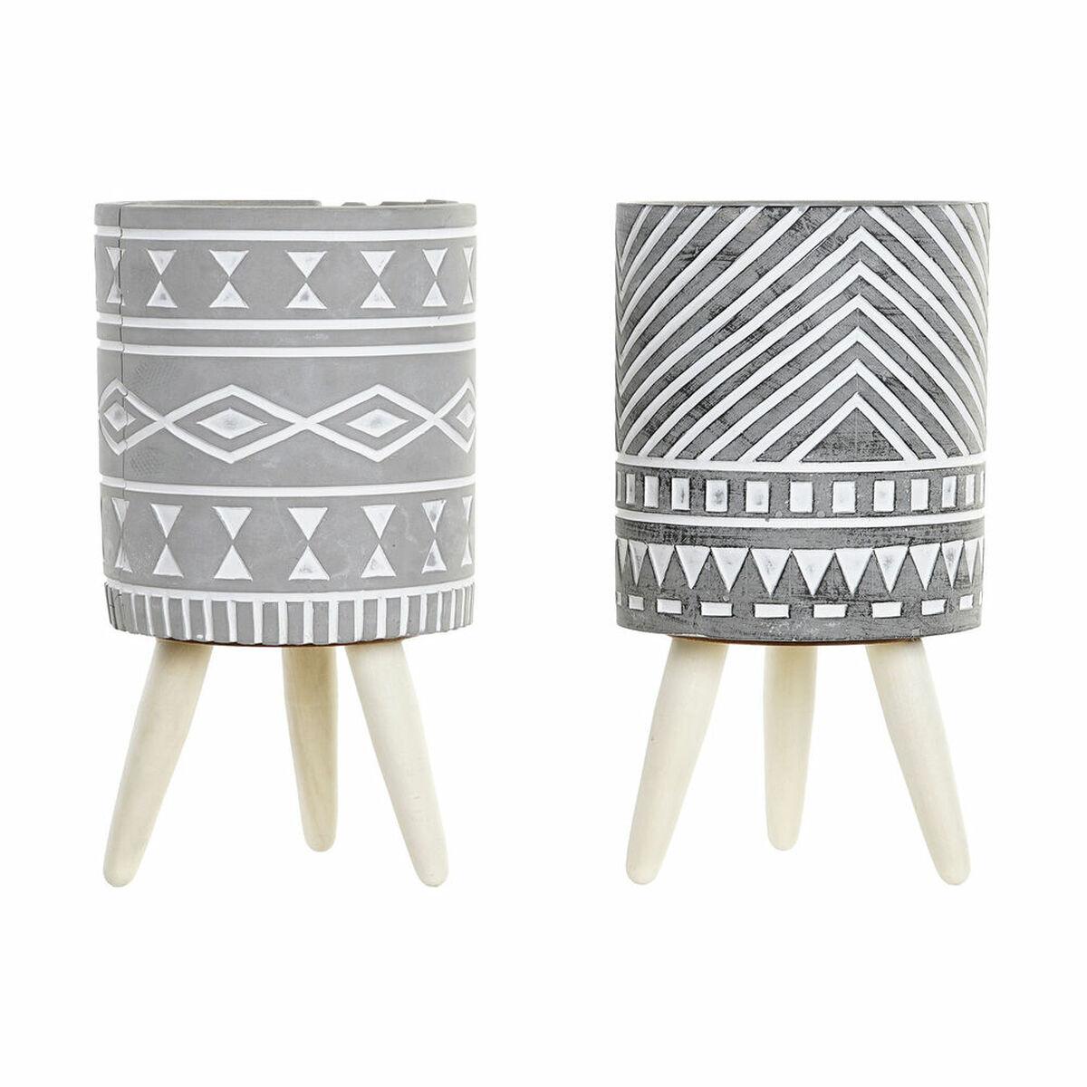 Urtepotte DKD Home Decor Grå Cement Hvid Fyrretræ Boho (14,3 x 14,3 x 26,2 cm) (2 enheder)