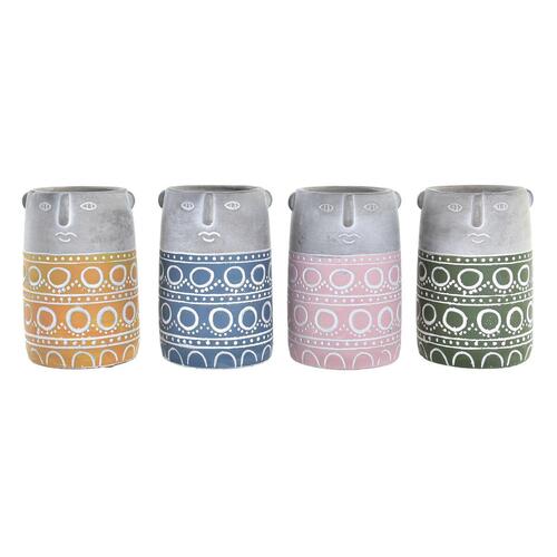 Urtepotte DKD Home Decor Ansigt Blå Pink Cement Grøn Gul (12 x 12 x 18 cm) (4 enheder)