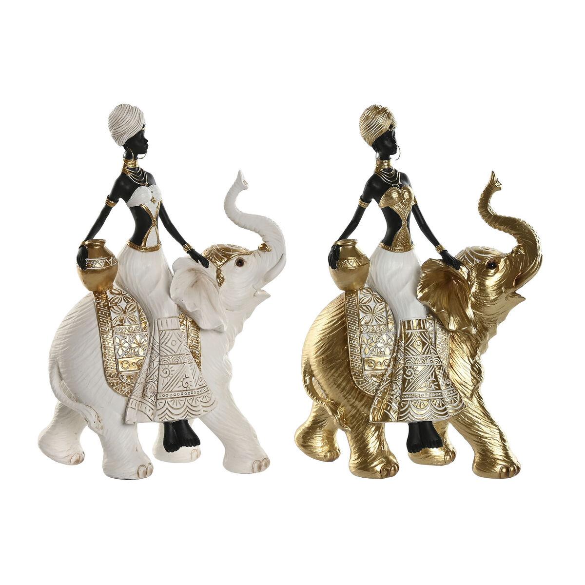 Dekorativ figur Home ESPRIT Hvid Sort Gylden Elefant Afrikansk kvinde 21 x 11 x 32 cm (2 enheder)