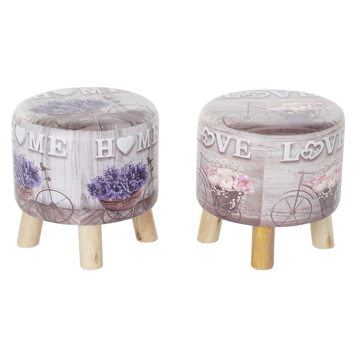 Fodstøtte/taburet - grå/pink/syren, cykelmotiv, PU & fyrretræ, sæt af 2