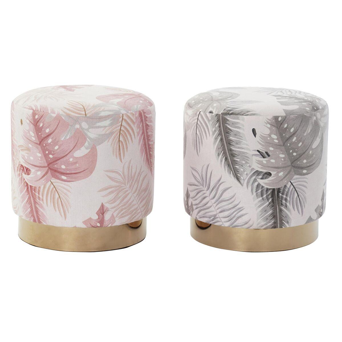 Fodskammel, 2 stk. - grå/gylden/koral, tropisk blad, 35 x 35 x 35 cm