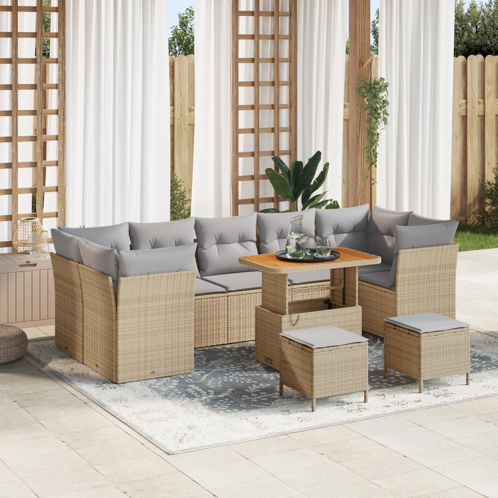 10 Stykke Have Sofa Sæt med Puder Beige Poly Rattan Acacia,  3 Stykke Have Spise Sæt med Puder Beige Poly Rattan Acacia
