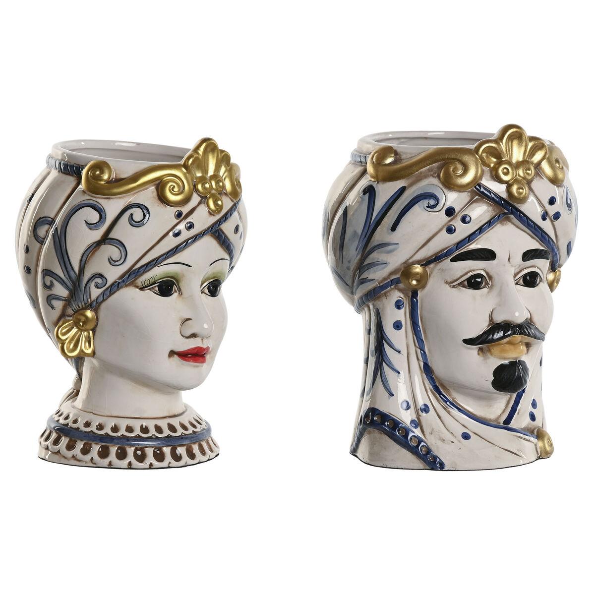 Urtepotter - blå/hvid/gylden porcelæn, 15 × 15 × 26 cm, sæt á 2