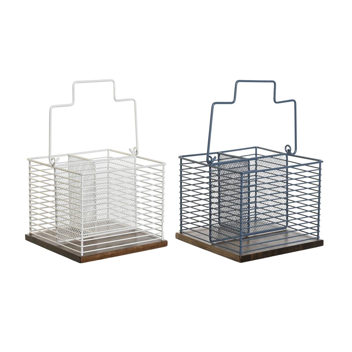 Bestikskurv - blå/hvid, metal og gummitræ, 18 × 18 × 15 cm (2 stk.)
