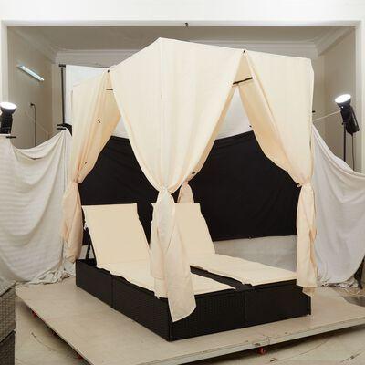 Dobbelt Solseng med Tag og Gardiner Sort Poly Rattan