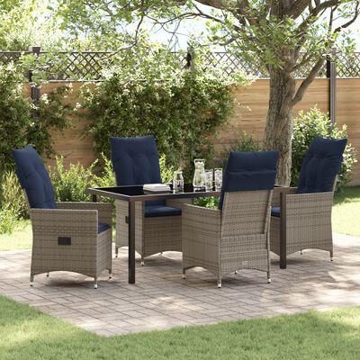 5 Deles Have Spisebordssæt med Puder Grå Poly Rattan, Have Bord Sort 160x80x73 cm Tempereret Glas