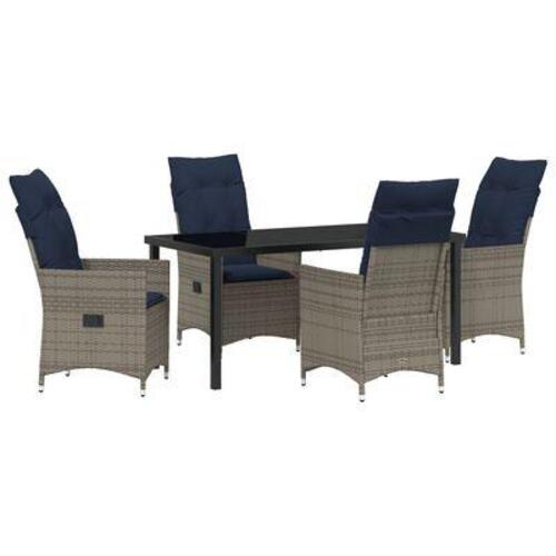 5 Deles Have Spisebordssæt med Puder Grå Poly Rattan, Have Bord Sort 160x80x73 cm Tempereret Glas