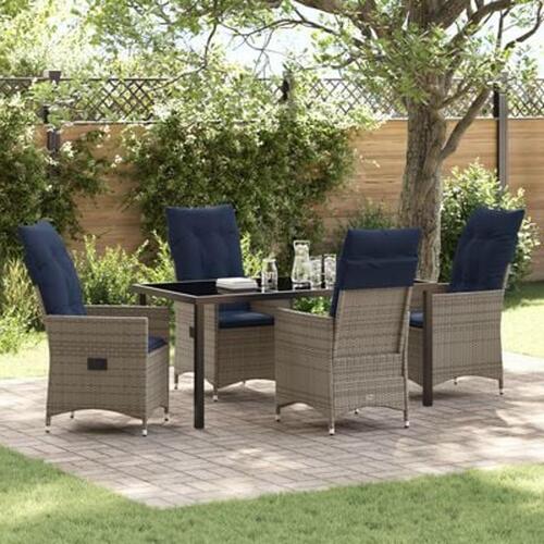 5 Deles Have Spisebordssæt med Puder Grå Poly Rattan, Have Bord Sort 160x80x73 cm Tempereret Glas