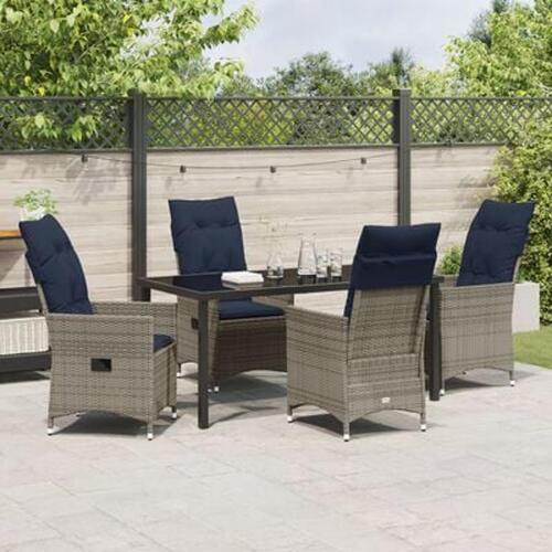 5 Deles Have Spisebordssæt med Puder Grå Poly Rattan, Have Bord Sort 160x80x73 cm Tempereret Glas