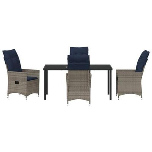 5 Deles Have Spisebordssæt med Puder Grå Poly Rattan, Have Bord Sort 160x80x73 cm Tempereret Glas