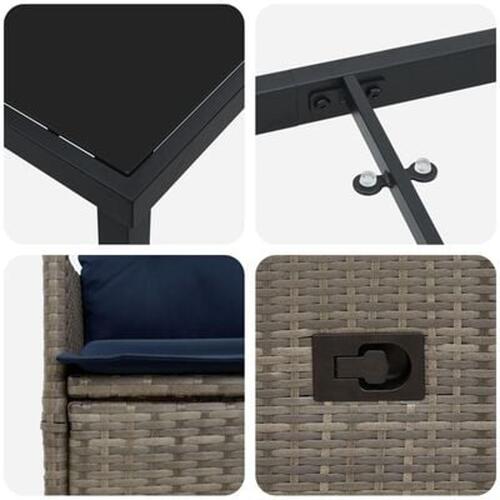 5 Deles Have Spisebordssæt med Puder Grå Poly Rattan, Have Bord Sort 160x80x73 cm Tempereret Glas