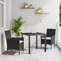 3 Styk Have Spisebord Sæt med Puder, Lys Grå Poly Rattan, Have Bord Sort 80x80x73 cm, Tempereret Glas
